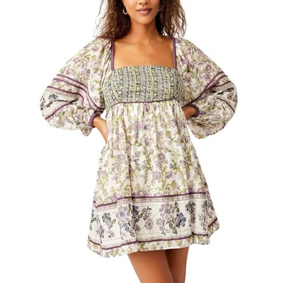 Free People Mini Dress Endless Afternoon Peasant Milkmaid Boho Floral Size Small - Picture 2 of 14